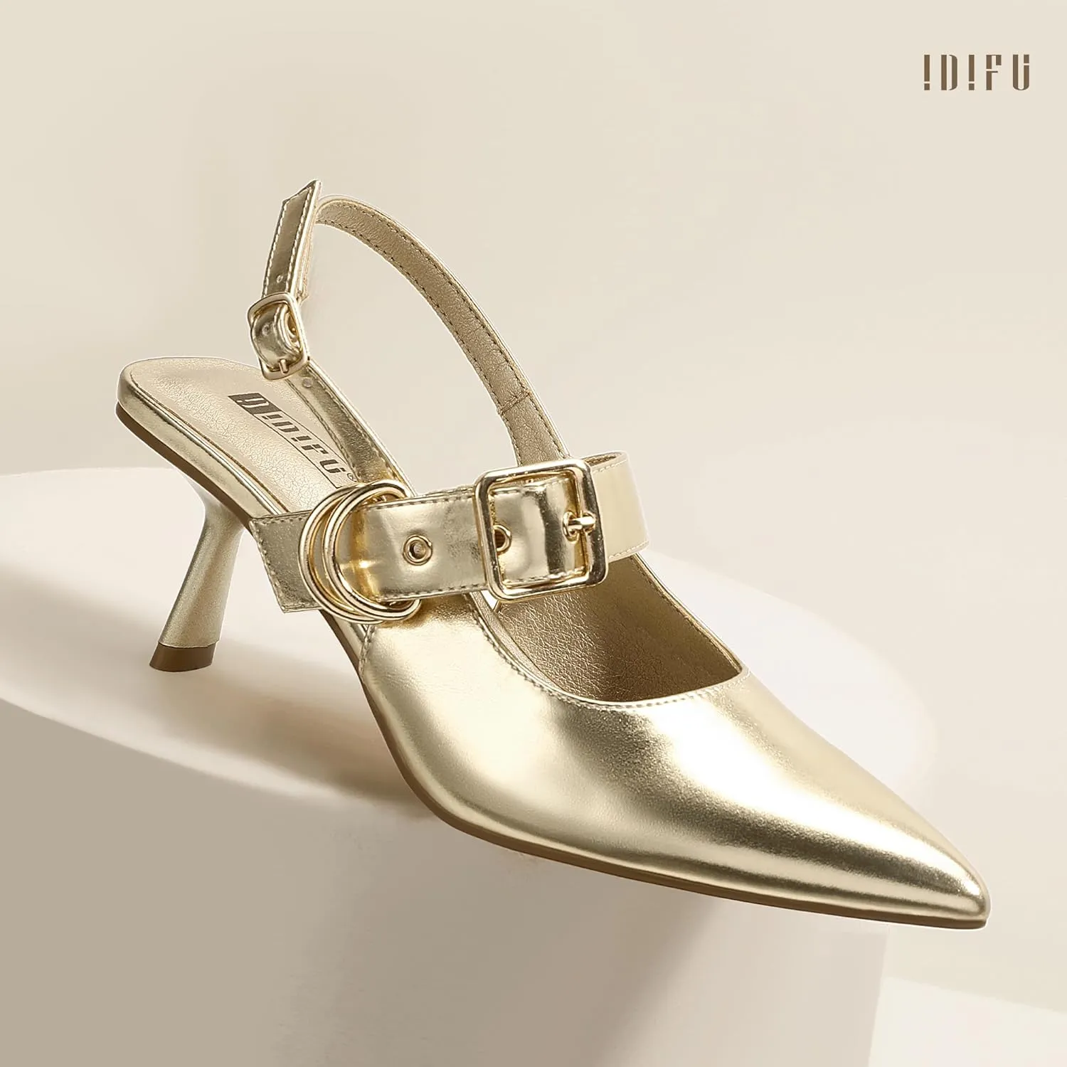 IDIFU IN3 Kitten Heels Slingback Closed Pointed Toe Low Pumps Dress Shoes for Women Bride Ladies Guest Comfortable Dressy Formal Cute Wedding Office Work Business Buckle Heels Pumps