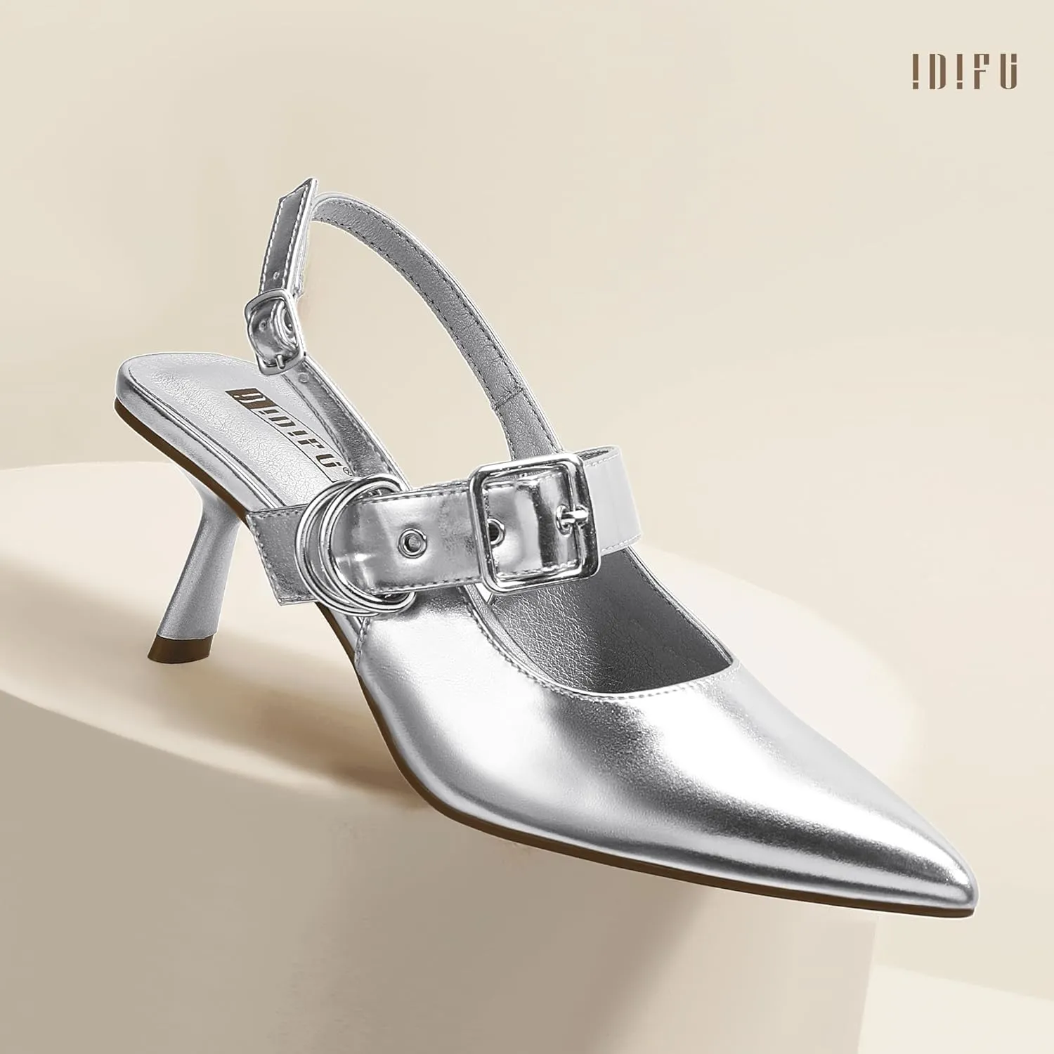 IDIFU IN3 Kitten Heels Slingback Closed Pointed Toe Low Pumps Dress Shoes for Women Bride Ladies Guest Comfortable Dressy Formal Cute Wedding Office Work Business Buckle Heels Pumps