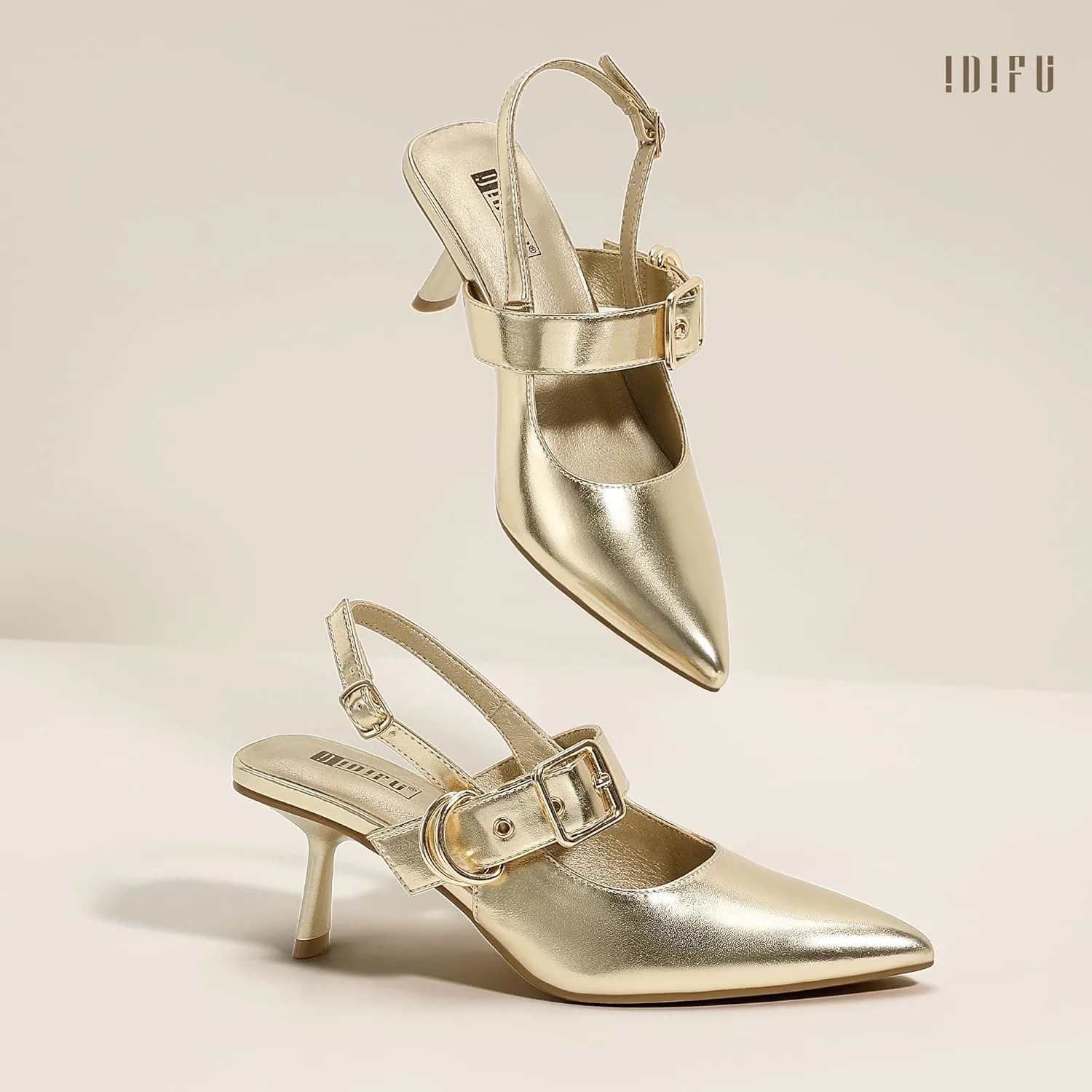 IDIFU IN3 Kitten Heels Slingback Closed Pointed Toe Low Pumps Dress Shoes for Women Bride Ladies Guest Comfortable Dressy Formal Cute Wedding Office Work Business Buckle Heels Pumps