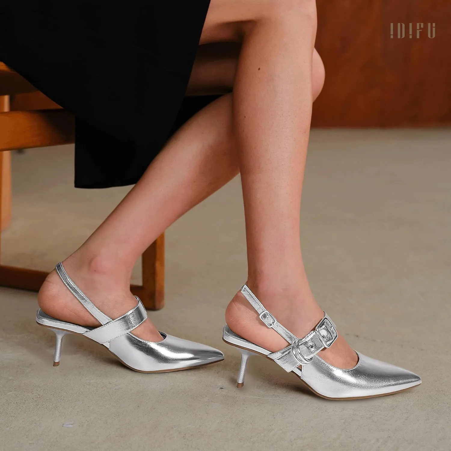 IDIFU IN3 Kitten Heels Slingback Closed Pointed Toe Low Pumps Dress Shoes for Women Bride Ladies Guest Comfortable Dressy Formal Cute Wedding Office Work Business Buckle Heels Pumps
