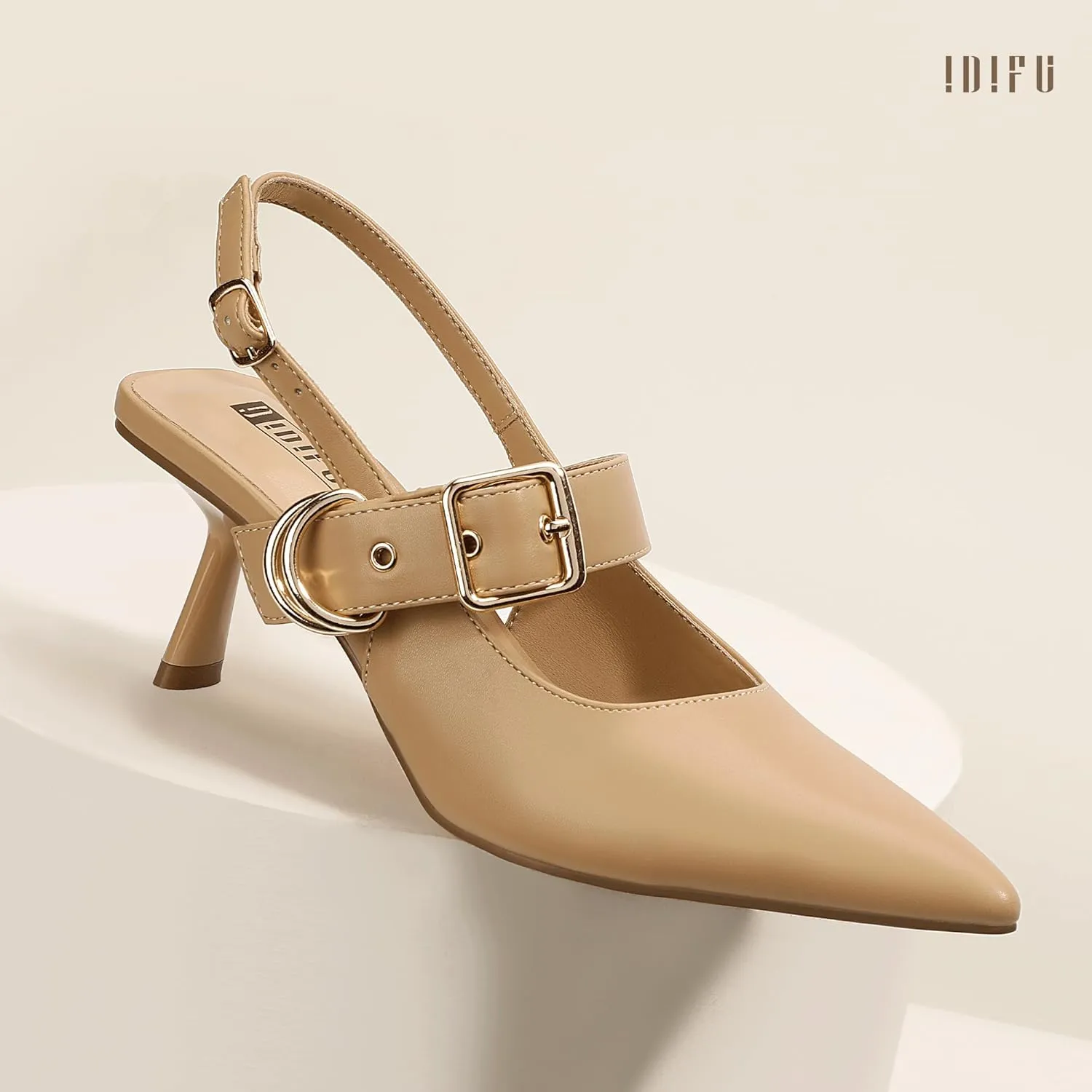 IDIFU IN3 Kitten Heels Slingback Closed Pointed Toe Low Pumps Dress Shoes for Women Bride Ladies Guest Comfortable Dressy Formal Cute Wedding Office Work Business Buckle Heels Pumps