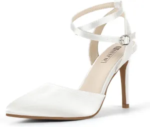 IDIFU IN4 High Heels Women's Pumps Strappy Stiletto Slingback Closed Pointed Toe Ankle Strap Satin Dress Shoes for Women Dressy Comfortable Wedding Bridal Office Formal Pumps Shoes