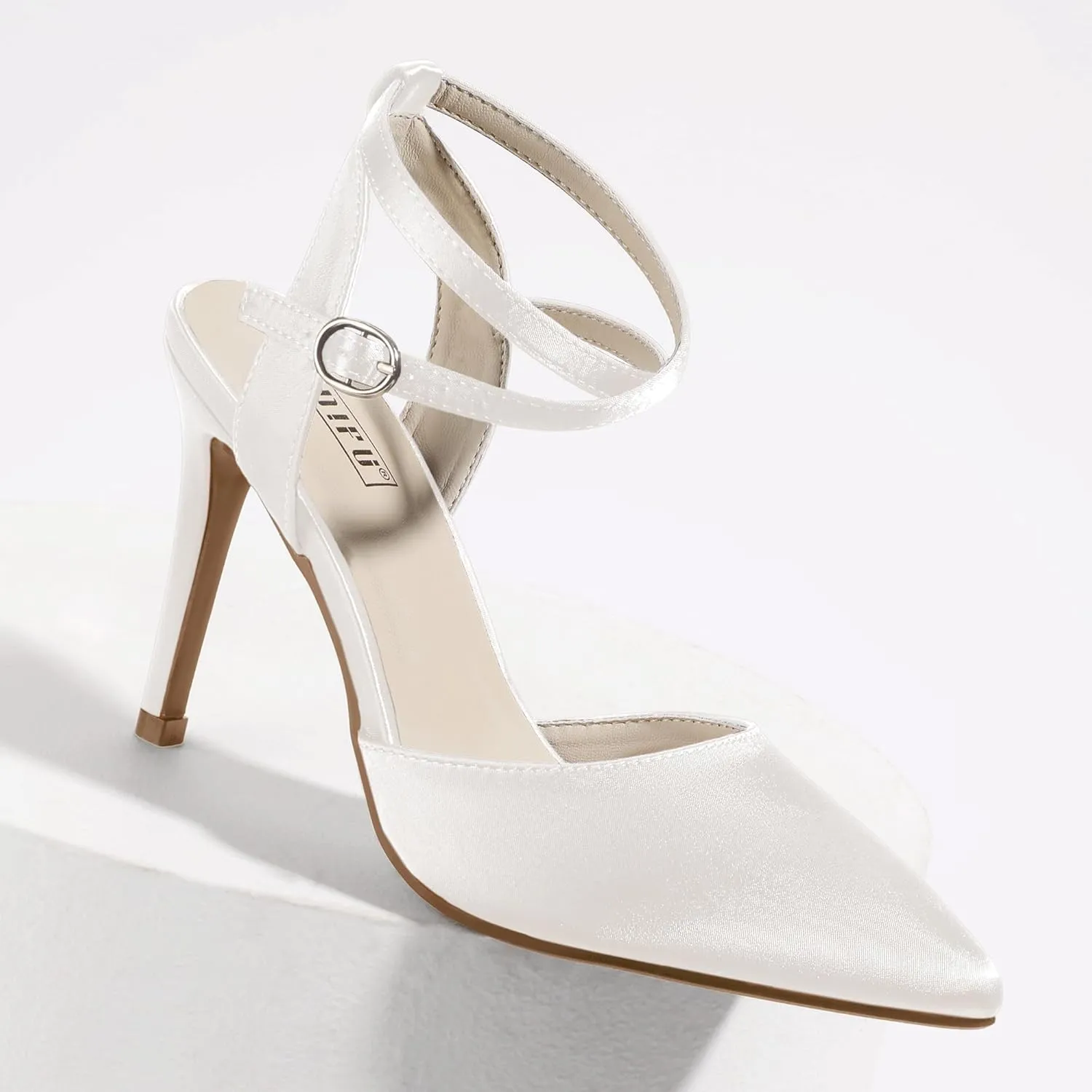IDIFU IN4 High Heels Women's Pumps Strappy Stiletto Slingback Closed Pointed Toe Ankle Strap Satin Dress Shoes for Women Dressy Comfortable Wedding Bridal Office Formal Pumps Shoes