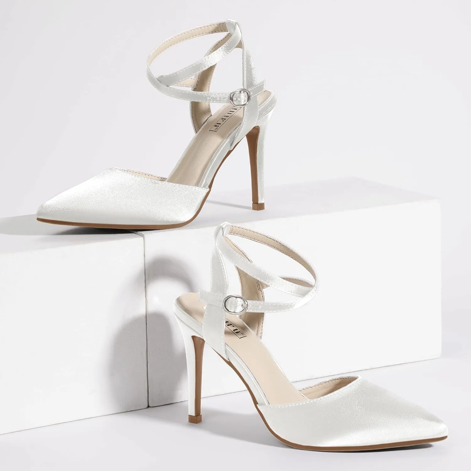 IDIFU IN4 High Heels Women's Pumps Strappy Stiletto Slingback Closed Pointed Toe Ankle Strap Satin Dress Shoes for Women Dressy Comfortable Wedding Bridal Office Formal Pumps Shoes