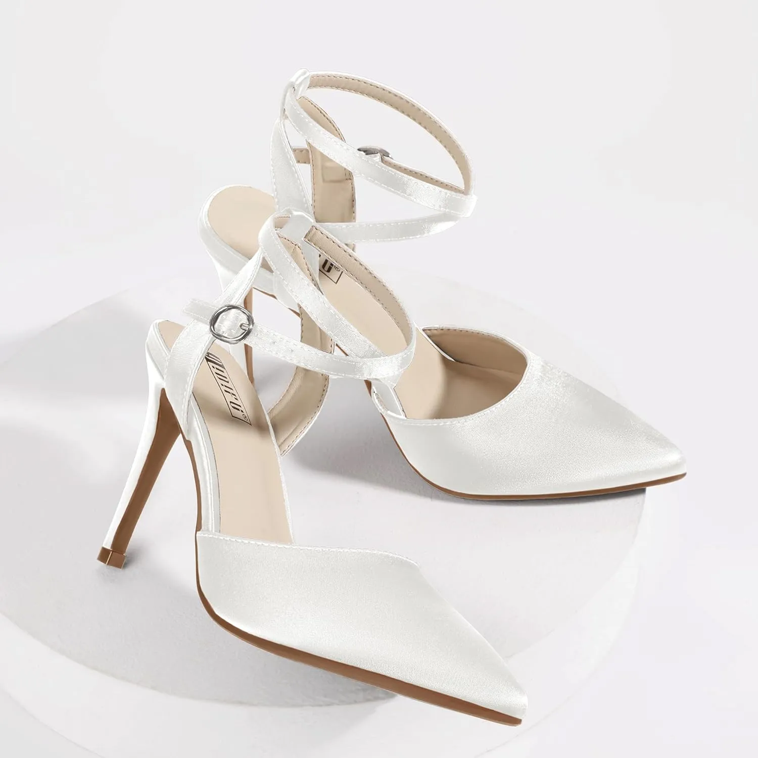 IDIFU IN4 High Heels Women's Pumps Strappy Stiletto Slingback Closed Pointed Toe Ankle Strap Satin Dress Shoes for Women Dressy Comfortable Wedding Bridal Office Formal Pumps Shoes