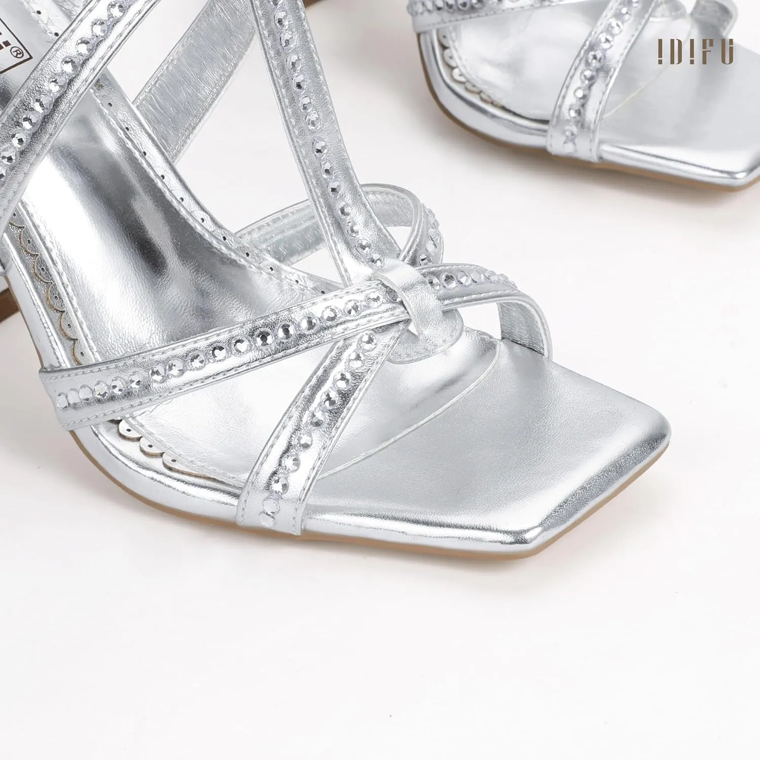 IDIFU IN4 Rhinestone Heels for Women Strappy High Chunky Block Heels Square Toe Slingback Dress Shoes Wedding Bridal Prom Party Heeled Sandals Dressy Sexy Sparkly Thick Heels