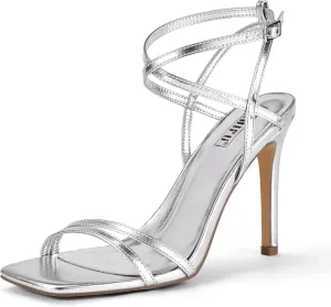 IDIFU IN4 Strappy Heels Stiletto High Heel Square Open Toe Slingback Dress Shoes for Women Adjustable Ankle Strap Heeled Sandals Wedding Prom Bridal Dressy Fashion Trendy Comfortable Skinny Heels