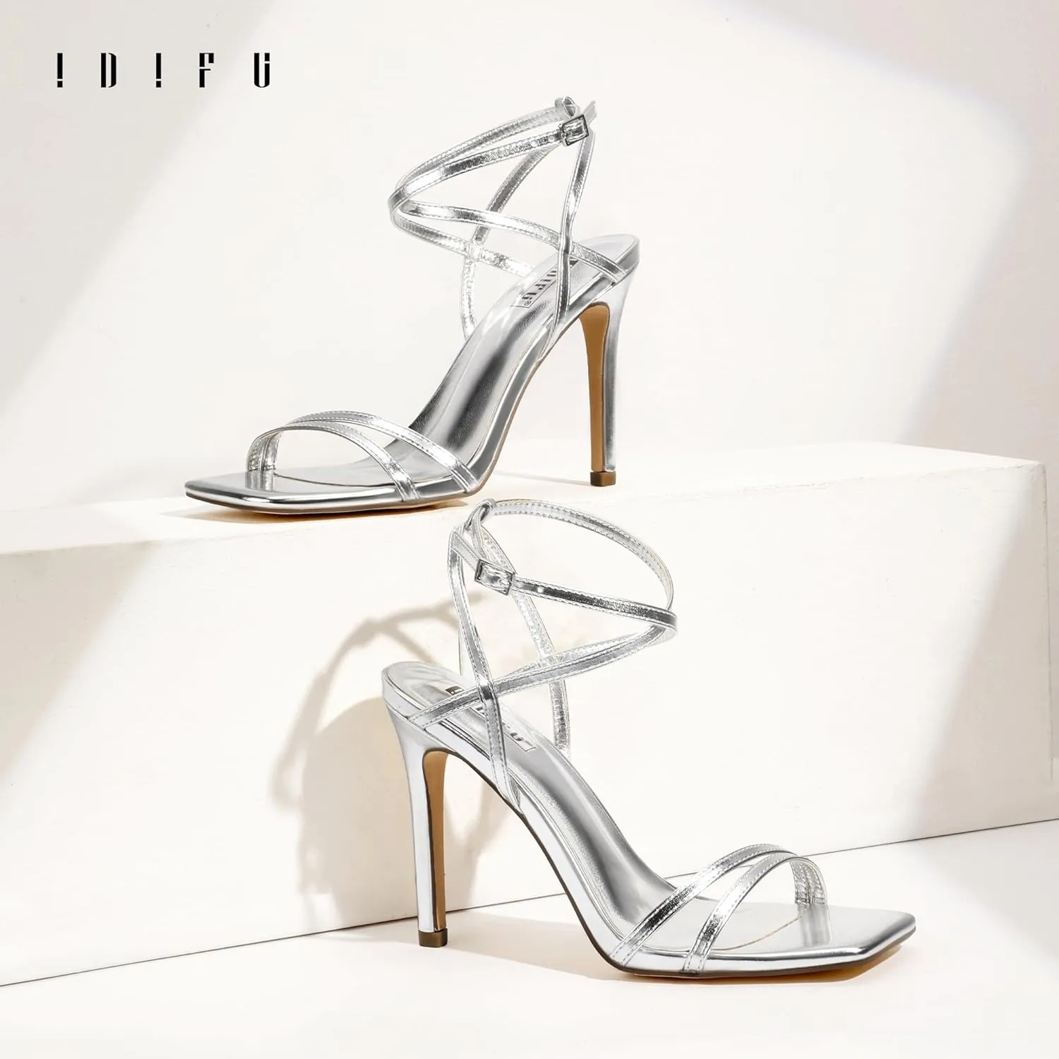 IDIFU IN4 Strappy Heels Stiletto High Heel Square Open Toe Slingback Dress Shoes for Women Adjustable Ankle Strap Heeled Sandals Wedding Prom Bridal Dressy Fashion Trendy Comfortable Skinny Heels