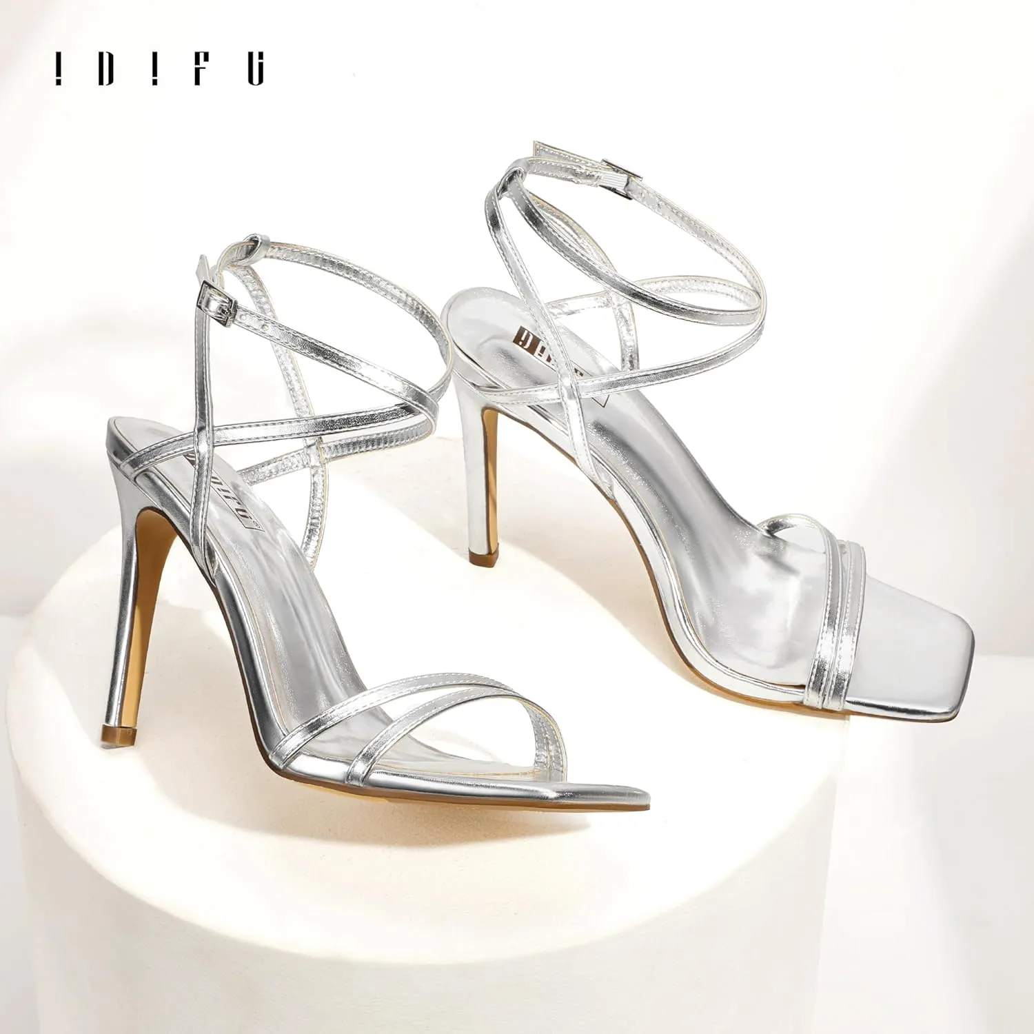 IDIFU IN4 Strappy Heels Stiletto High Heel Square Open Toe Slingback Dress Shoes for Women Adjustable Ankle Strap Heeled Sandals Wedding Prom Bridal Dressy Fashion Trendy Comfortable Skinny Heels
