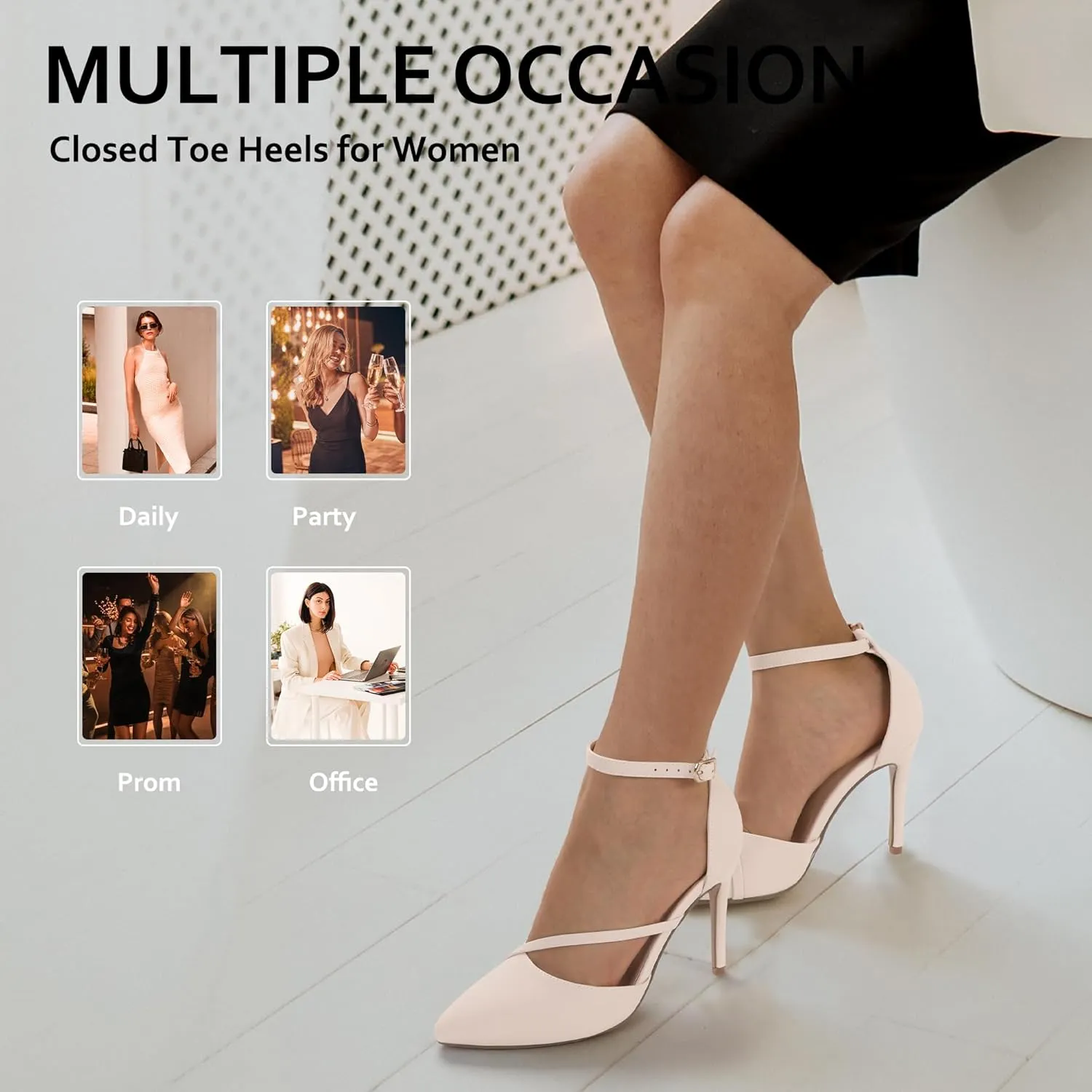 IDIFU IN4 Women's Pumps Closed Toe Heels Stiletto High Heels Dress Shoes for Women Wedding Prom Dressy Party Bridal Shoes Trendy Strappy Pointed Toe Ankle Strap Heels Pumps