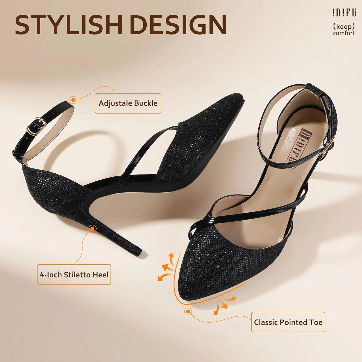 IDIFU IN4 Women's Pumps Closed Toe Heels Stiletto High Heels Dress Shoes for Women Wedding Prom Dressy Party Bridal Shoes Trendy Strappy Pointed Toe Ankle Strap Heels Pumps