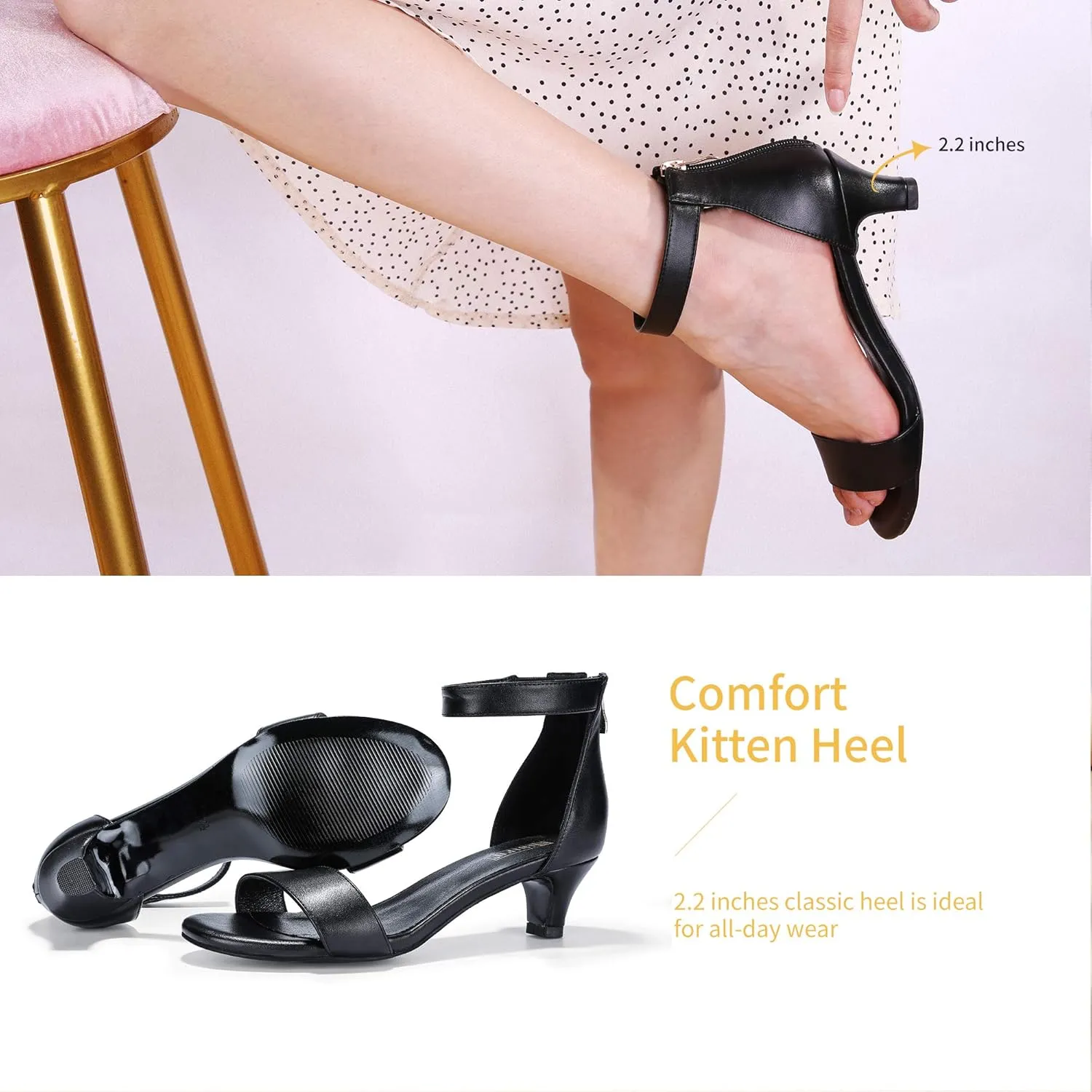 IDIFU Kitten Heels for Women IN2 Low Heels Open Toe Ankle Strap Heeled Sandals Wedding Bridal Evening Prom Party Dress Shoes Womens Heels With Zipper