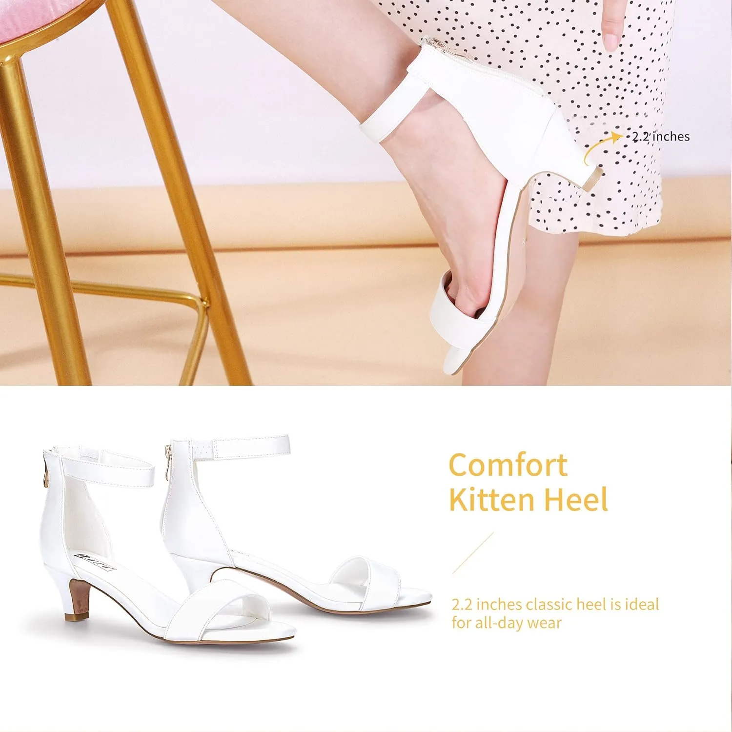 IDIFU Kitten Heels for Women IN2 Low Heels Open Toe Ankle Strap Heeled Sandals Wedding Bridal Evening Prom Party Dress Shoes Womens Heels With Zipper