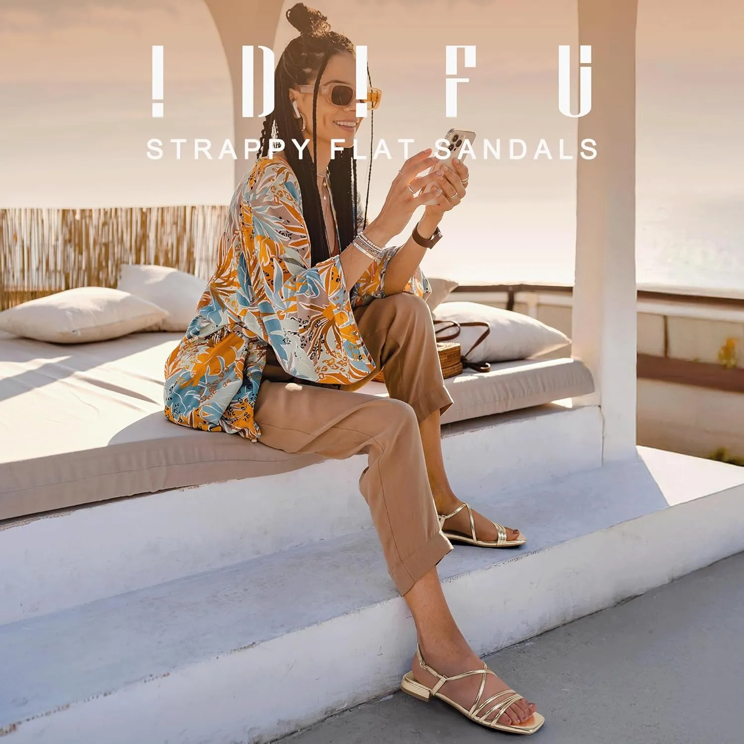 IDIFU Strappy Flat Sandals for Women Dressy Comfortable Square Open Toe Summer Beach Sandal Wedding Bridal Bride Prom Ladies Dress Sandal Fashion Cute Fancy Casual Ankle Strap Sandals