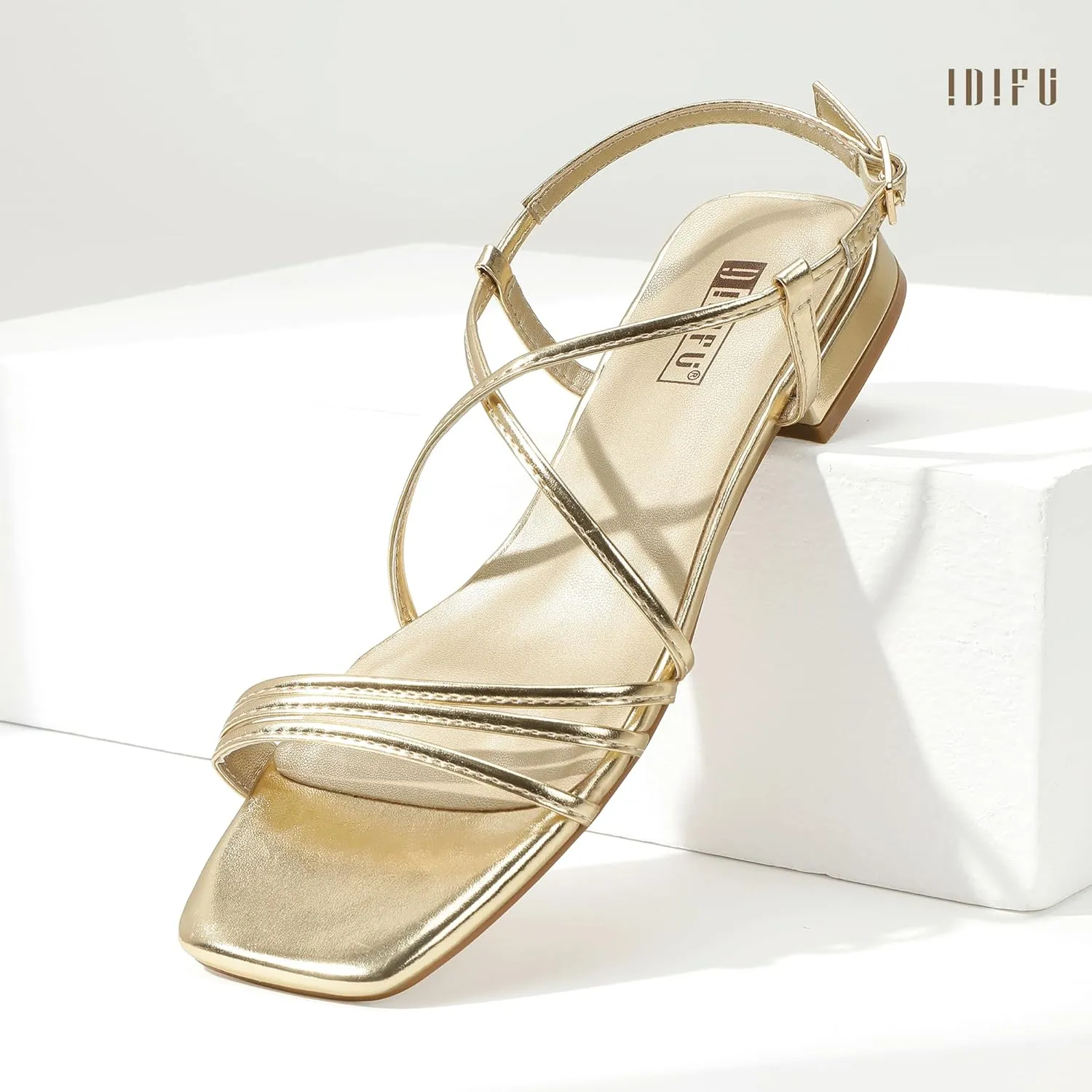IDIFU Strappy Flat Sandals for Women Dressy Comfortable Square Open Toe Summer Beach Sandal Wedding Bridal Bride Prom Ladies Dress Sandal Fashion Cute Fancy Casual Ankle Strap Sandals