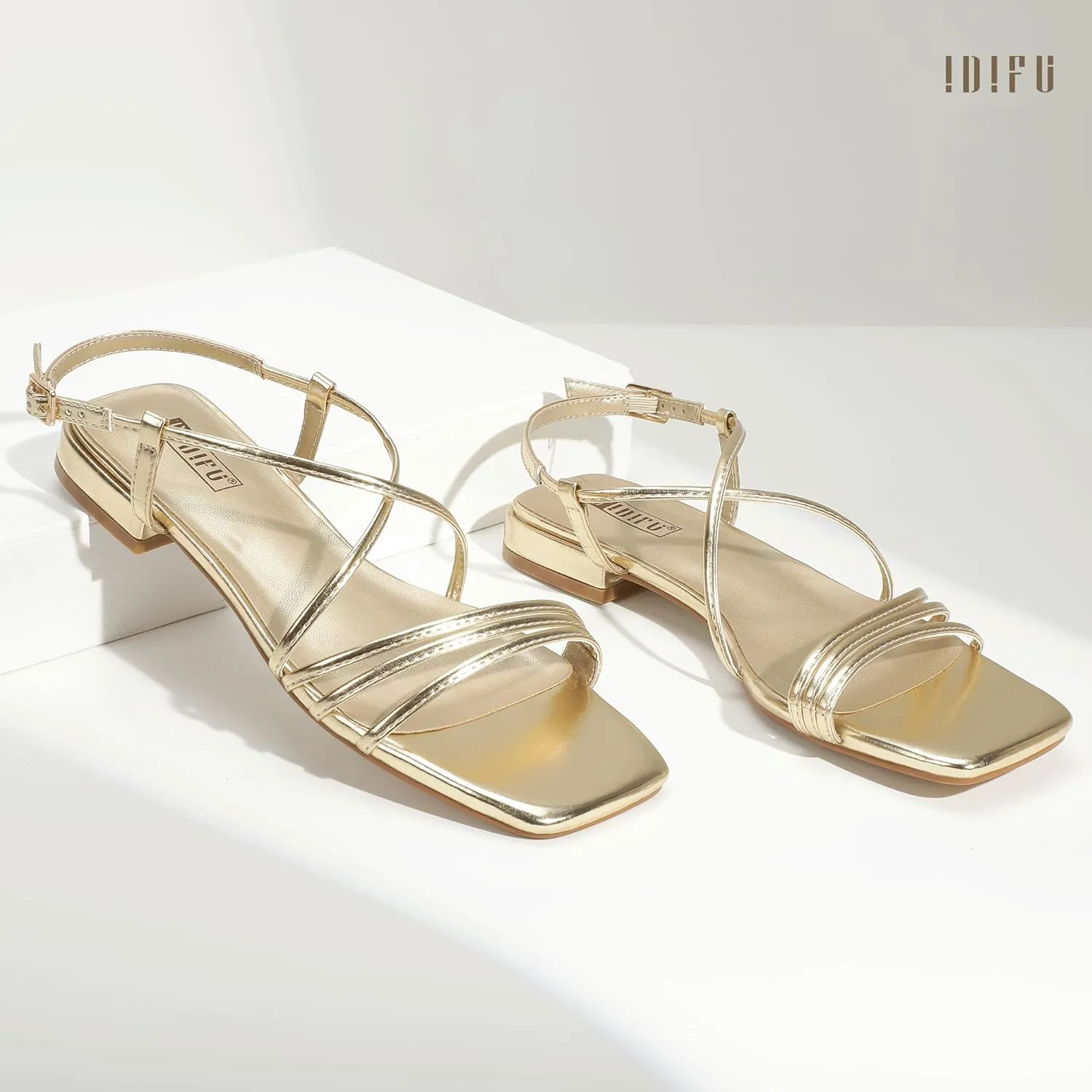 IDIFU Strappy Flat Sandals for Women Dressy Comfortable Square Open Toe Summer Beach Sandal Wedding Bridal Bride Prom Ladies Dress Sandal Fashion Cute Fancy Casual Ankle Strap Sandals