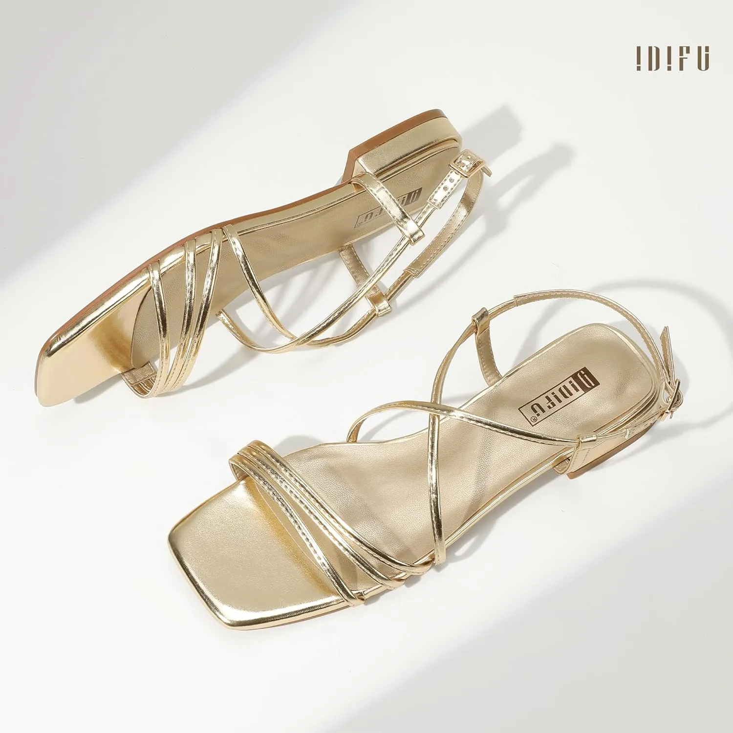 IDIFU Strappy Flat Sandals for Women Dressy Comfortable Square Open Toe Summer Beach Sandal Wedding Bridal Bride Prom Ladies Dress Sandal Fashion Cute Fancy Casual Ankle Strap Sandals