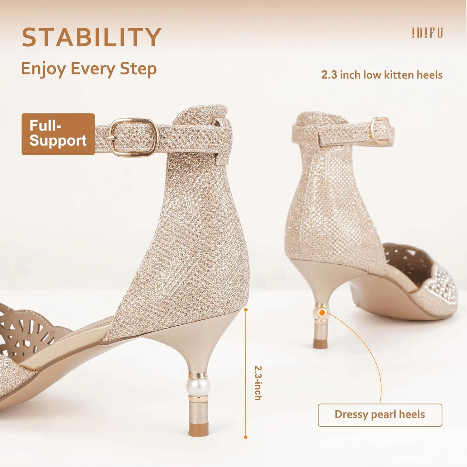 IDIFU Women's IN2 Candice Wedding Rhinestones Sequins Low Kitten Heels Pumps Dress Evening Shoes for Women Bridal Bride