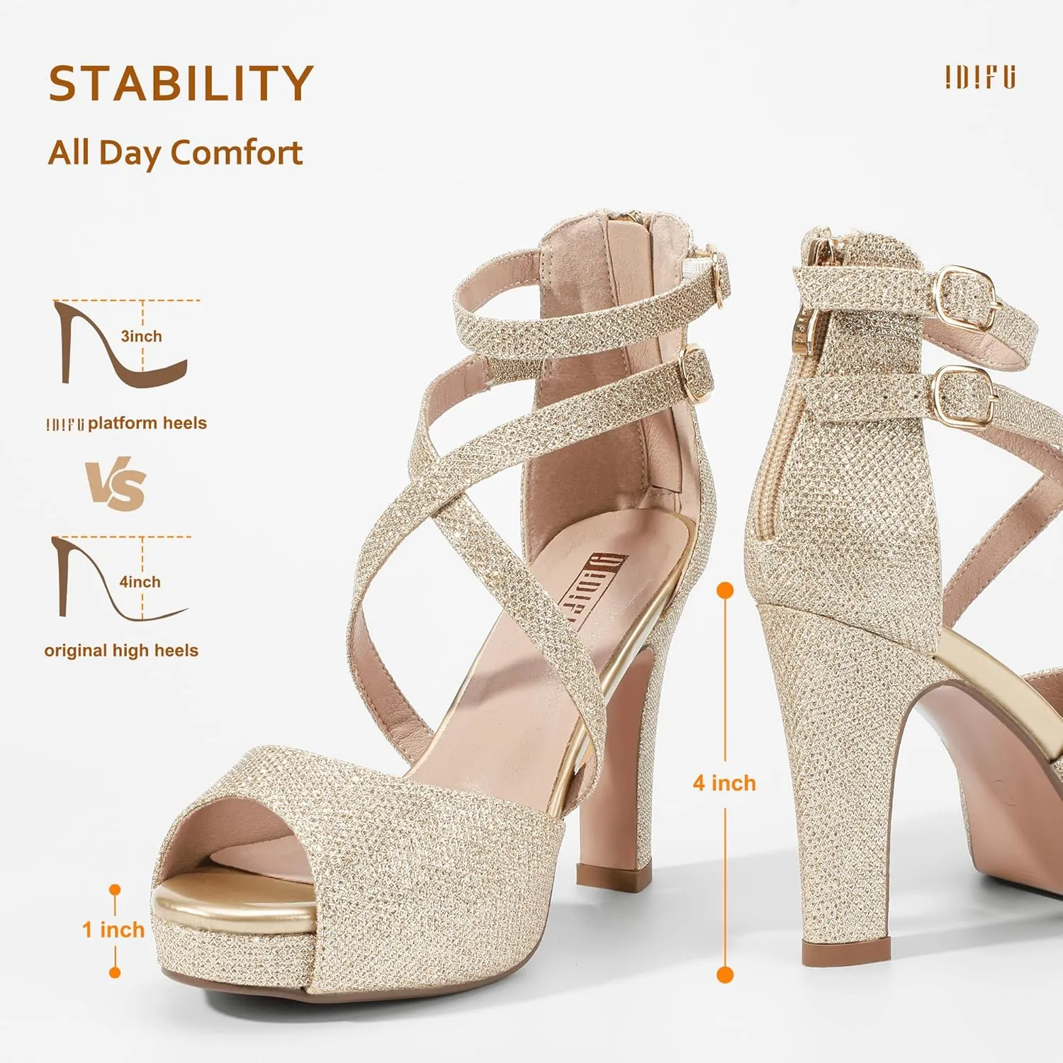 IDIFU Women's IN4 Platform Heels Strappy Chunky Heels For Women Dressy Peep Toe High Heels For Women Bridal Wedding Shoes For Bride On Evening Prom