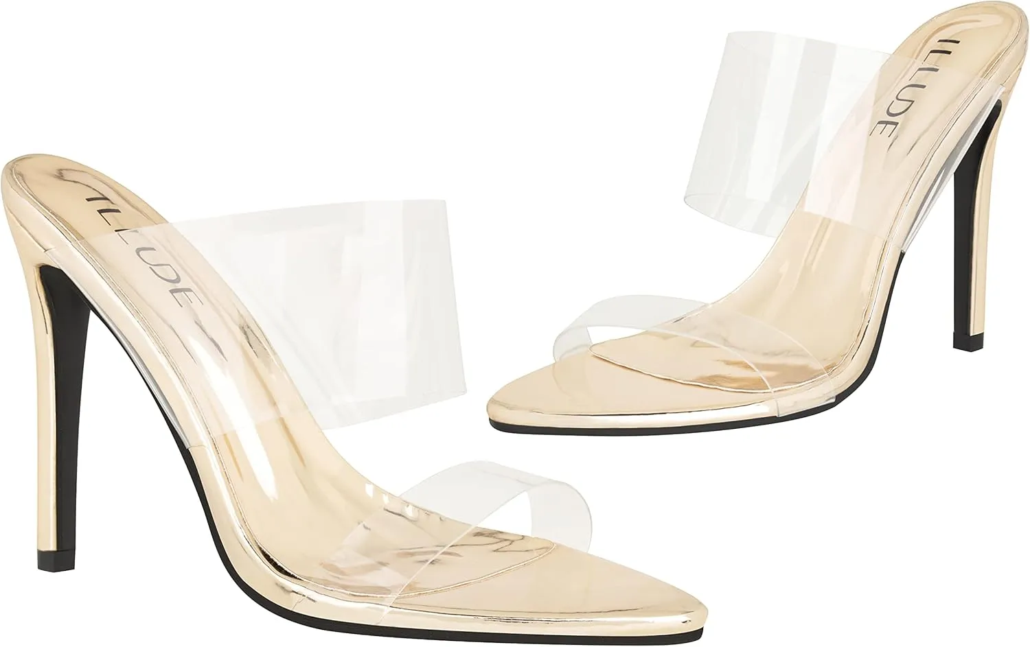 ILLUDE Women’s Clear Pointed Toe Sandals Stiletto Heels Transparent Strap High Heels Slip on Mules