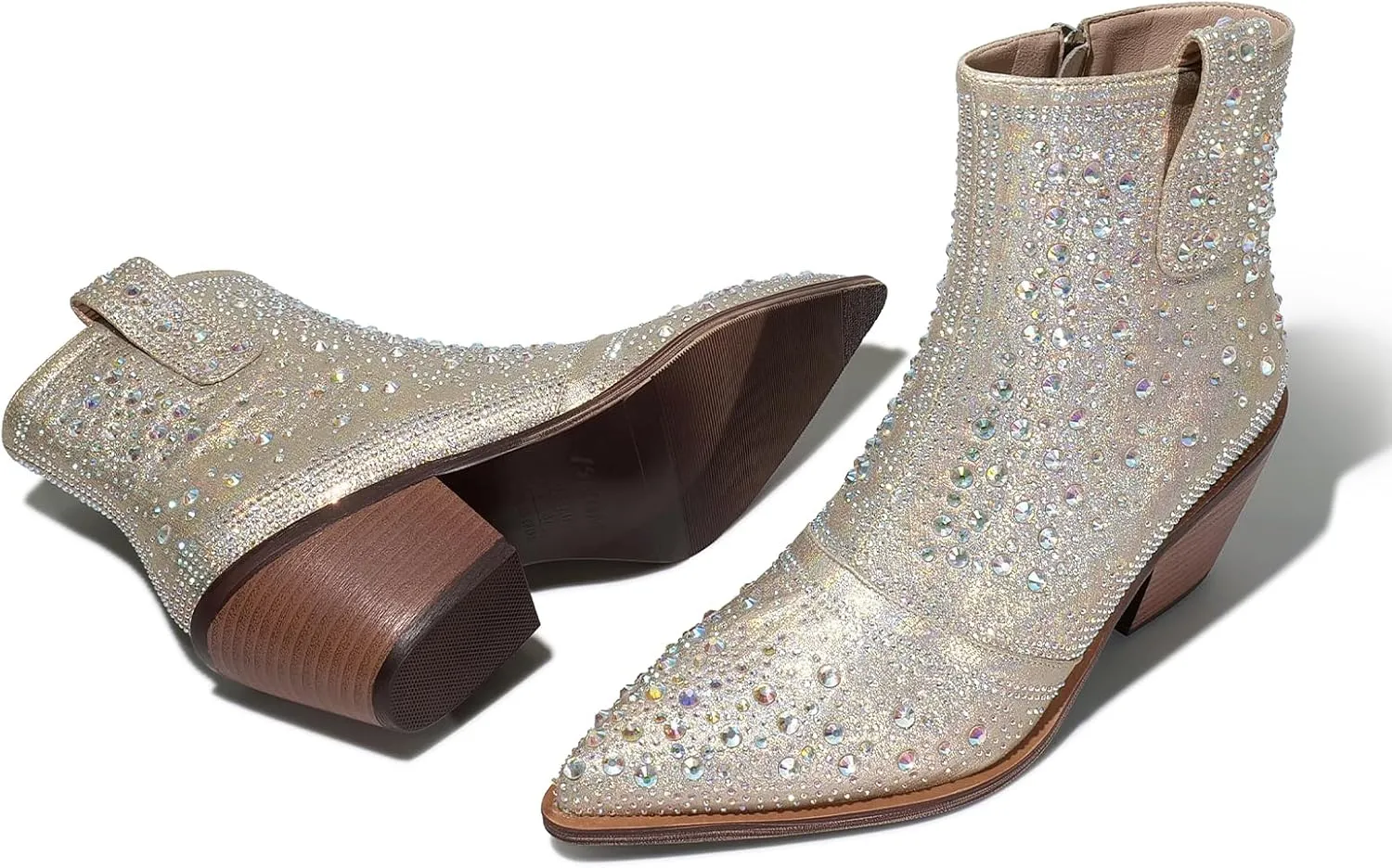 ISNOM Rhinestone Cowboy Boots Sparkly Ankle Boots with Pointed Toe and Chunky Heel Design
