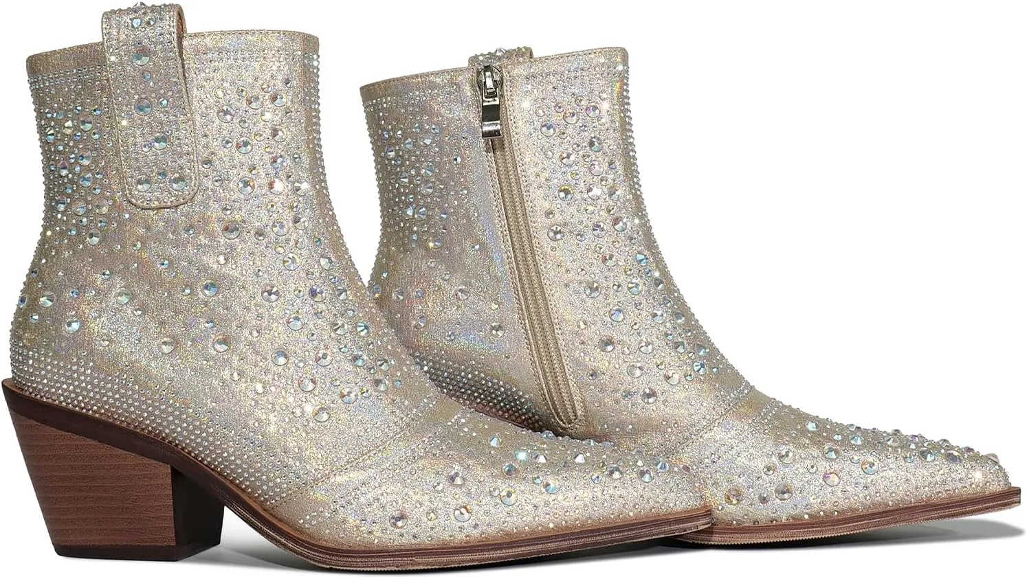 ISNOM Rhinestone Cowboy Boots Sparkly Ankle Boots with Pointed Toe and Chunky Heel Design