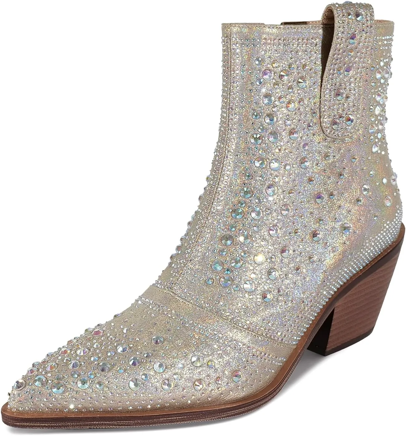 ISNOM Rhinestone Cowboy Boots Sparkly Ankle Boots with Pointed Toe and Chunky Heel Design