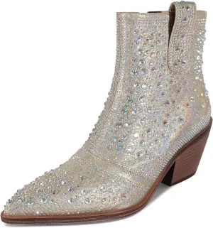 ISNOM Rhinestone Cowboy Boots Sparkly Ankle Boots with Pointed Toe and Chunky Heel Design