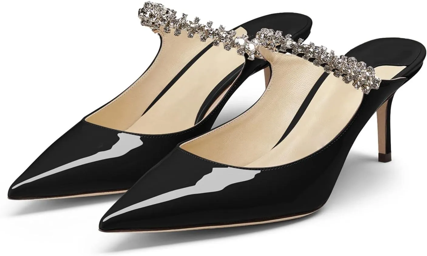 JANSEVEN Mules Flats For Women Closed Toe Flat Sandals With Rhinestone Pointy Slip On Patent Leather 4 Inches Bridal Wedding Shoes Sexy