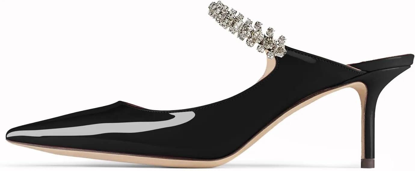 JANSEVEN Mules Flats For Women Closed Toe Flat Sandals With Rhinestone Pointy Slip On Patent Leather 4 Inches Bridal Wedding Shoes Sexy