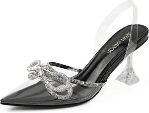 JENN ARDOR Women’s Heels for Bride Sparkly Low Heels Slingback Pumps 3.4 inch Clear Kitten Heels Wedding with Rhinestones Bow Pumps Pointed Toe Sandals Dress Shoes for Prom Party Dating