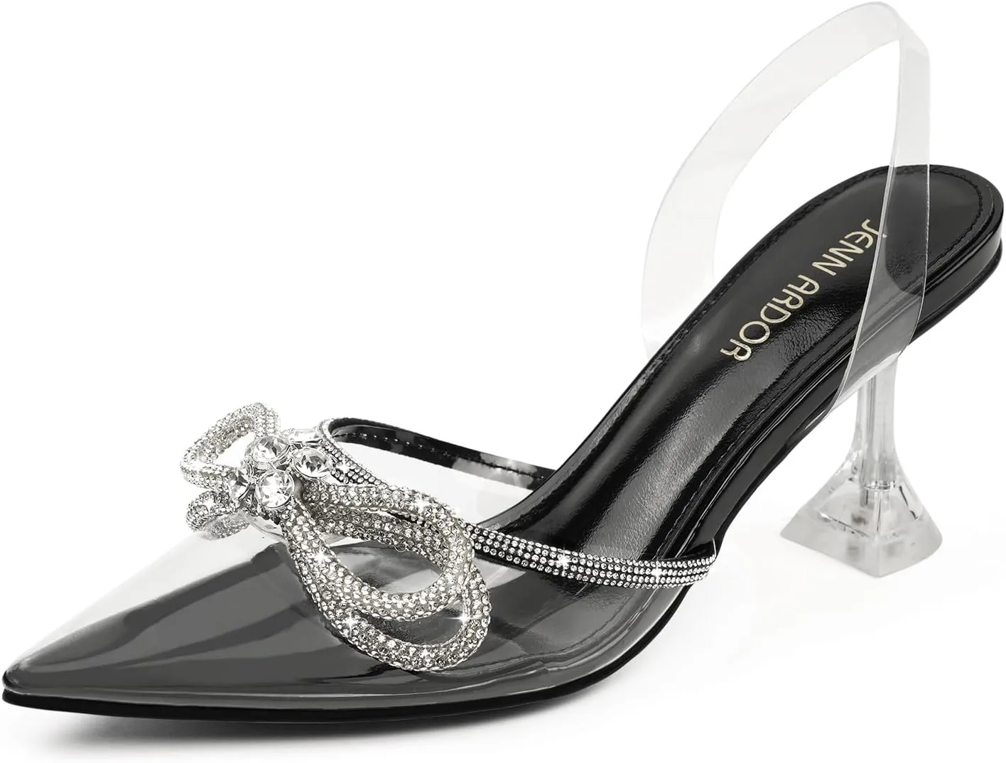 JENN ARDOR Women’s Heels for Bride Sparkly Low Heels Slingback Pumps 3.4 inch Clear Kitten Heels Wedding with Rhinestones Bow Pumps Pointed Toe Sandals Dress Shoes for Prom Party Dating