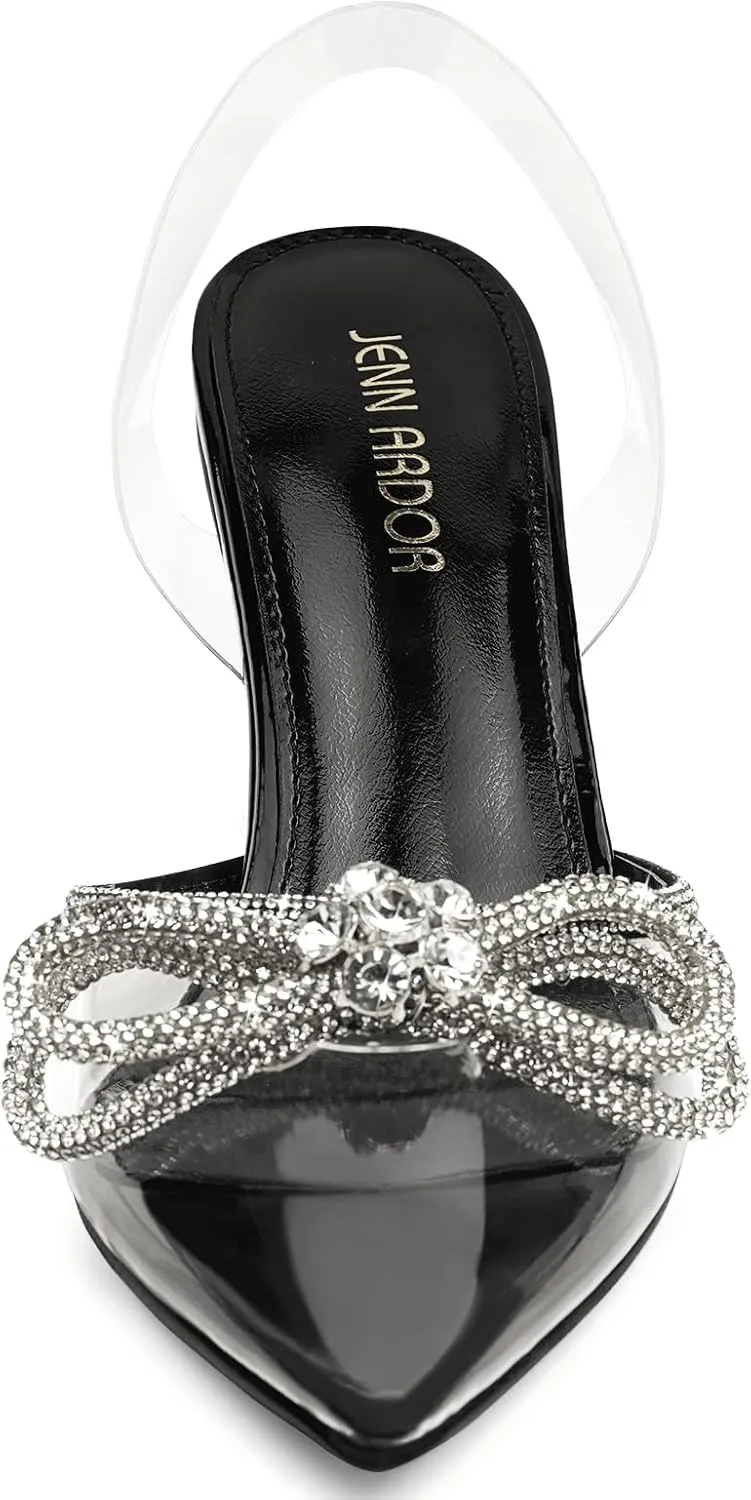 JENN ARDOR Women’s Heels for Bride Sparkly Low Heels Slingback Pumps 3.4 inch Clear Kitten Heels Wedding with Rhinestones Bow Pumps Pointed Toe Sandals Dress Shoes for Prom Party Dating