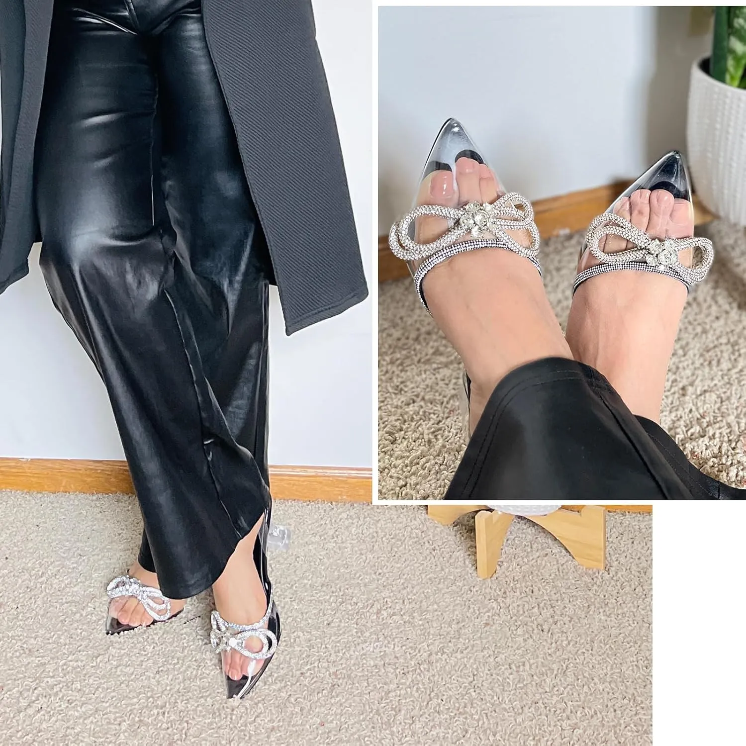 JENN ARDOR Women’s Heels for Bride Sparkly Low Heels Slingback Pumps 3.4 inch Clear Kitten Heels Wedding with Rhinestones Bow Pumps Pointed Toe Sandals Dress Shoes for Prom Party Dating