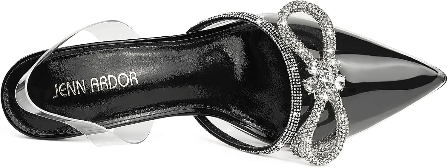 JENN ARDOR Women’s Heels for Bride Sparkly Low Heels Slingback Pumps 3.4 inch Clear Kitten Heels Wedding with Rhinestones Bow Pumps Pointed Toe Sandals Dress Shoes for Prom Party Dating