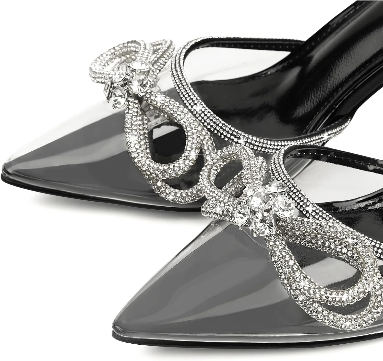 JENN ARDOR Women’s Heels for Bride Sparkly Low Heels Slingback Pumps 3.4 inch Clear Kitten Heels Wedding with Rhinestones Bow Pumps Pointed Toe Sandals Dress Shoes for Prom Party Dating