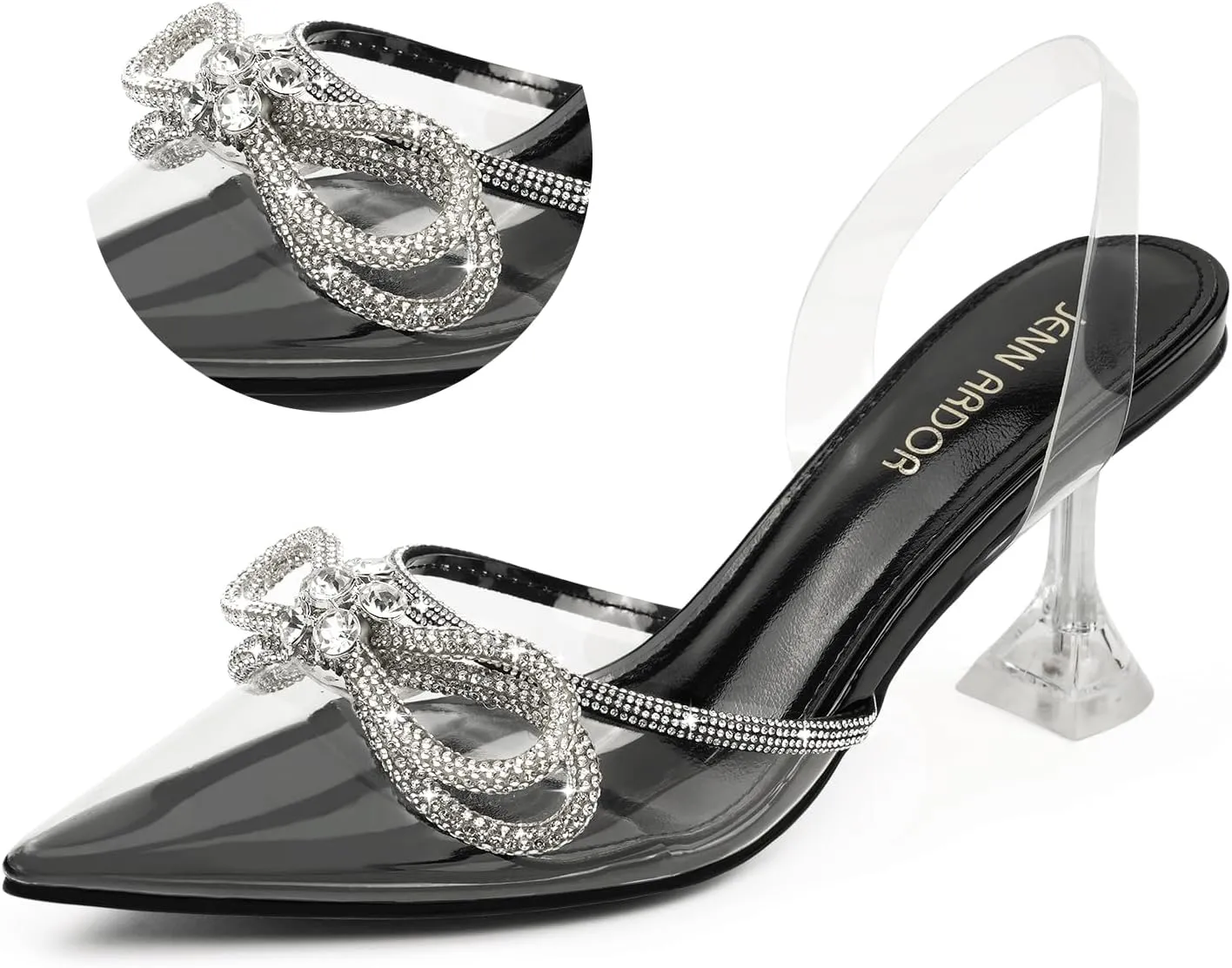 JENN ARDOR Women’s Heels for Bride Sparkly Low Heels Slingback Pumps 3.4 inch Clear Kitten Heels Wedding with Rhinestones Bow Pumps Pointed Toe Sandals Dress Shoes for Prom Party Dating