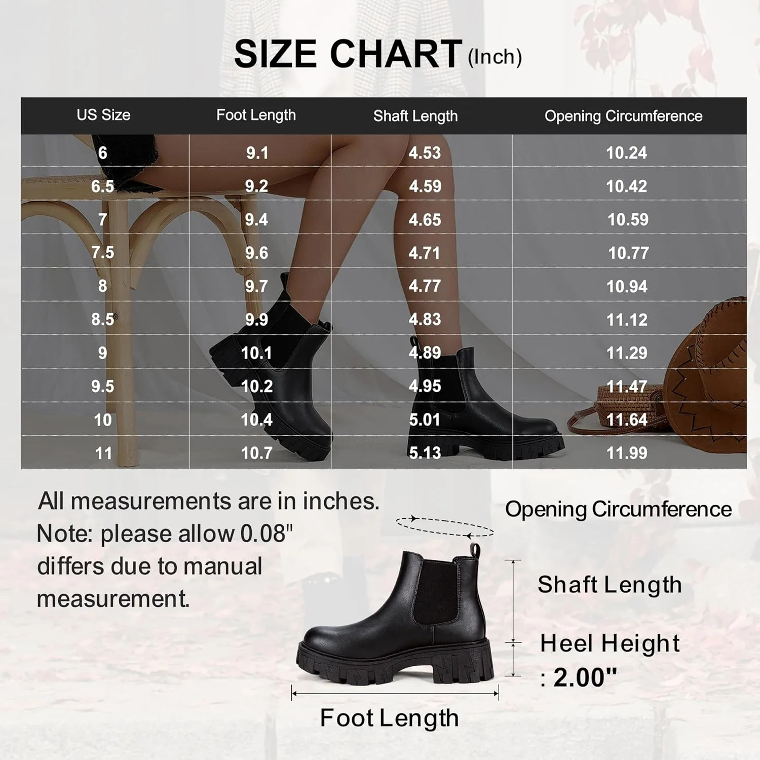 Jeossy Women's 9620 Chelsea Combat Boots, Platform Ankle Boots Chunky Heel, Fashion Lug Sole Slip on Booties with Elastic Band