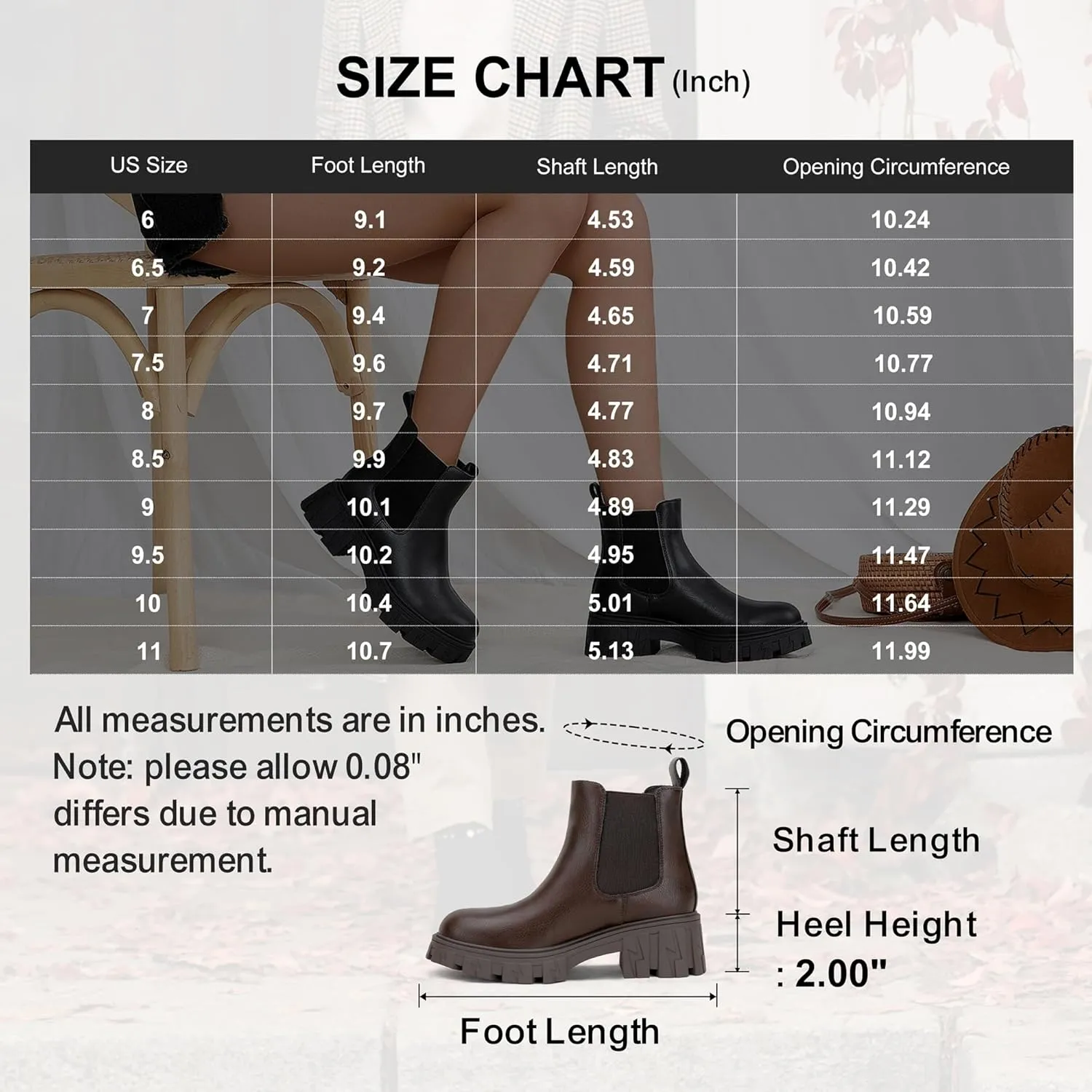 Jeossy Women's 9620 Chelsea Combat Boots, Platform Ankle Boots Chunky Heel, Fashion Lug Sole Slip on Booties with Elastic Band