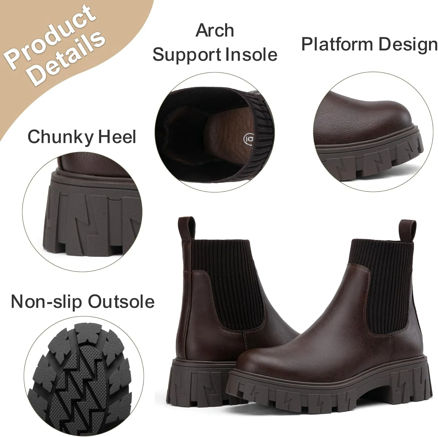 Jeossy Women’s Chelsea Chunky Ankle Boots Elastic Platform Lug Sole Short Pull on Low Heel 9610 Booties
