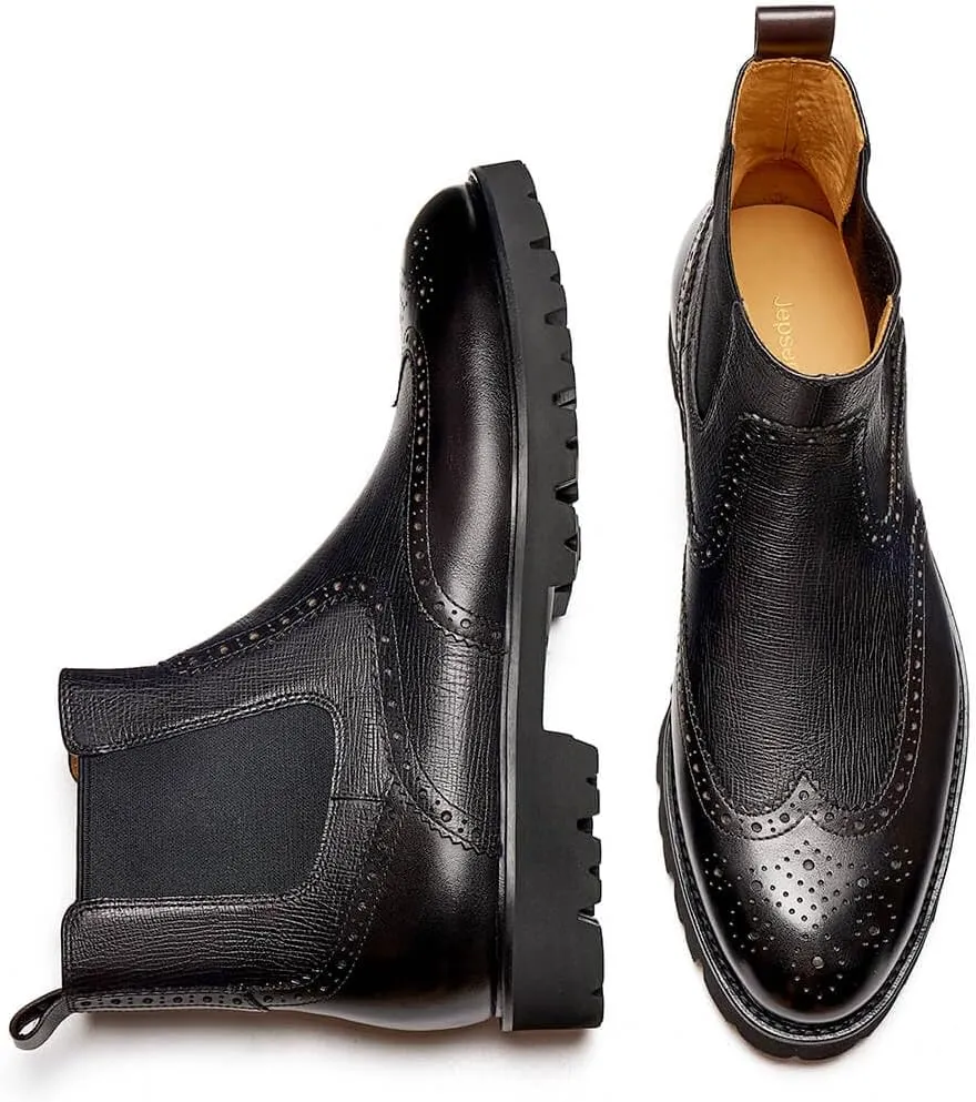 Jepsengord Men's Chelsea Boots Genuine Leather Dress Boots for Men Wingtip Brogue Formal Business Casual Ankle Boots