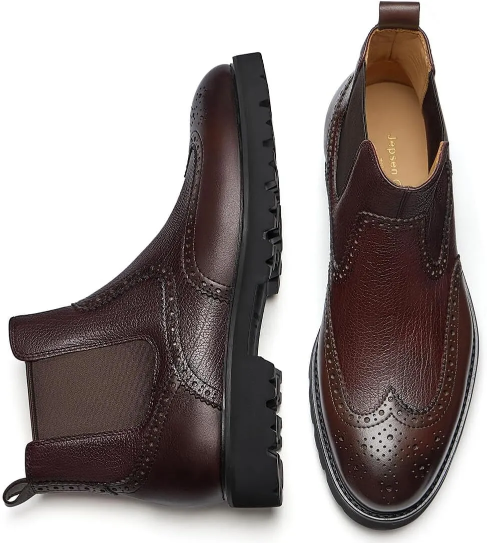 Jepsengord Men's Chelsea Boots Genuine Leather Dress Boots for Men Wingtip Brogue Formal Business Casual Ankle Boots