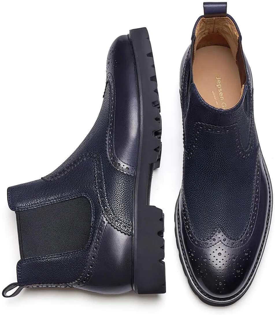 Jepsengord Men's Chelsea Boots Genuine Leather Dress Boots for Men Wingtip Brogue Formal Business Casual Ankle Boots