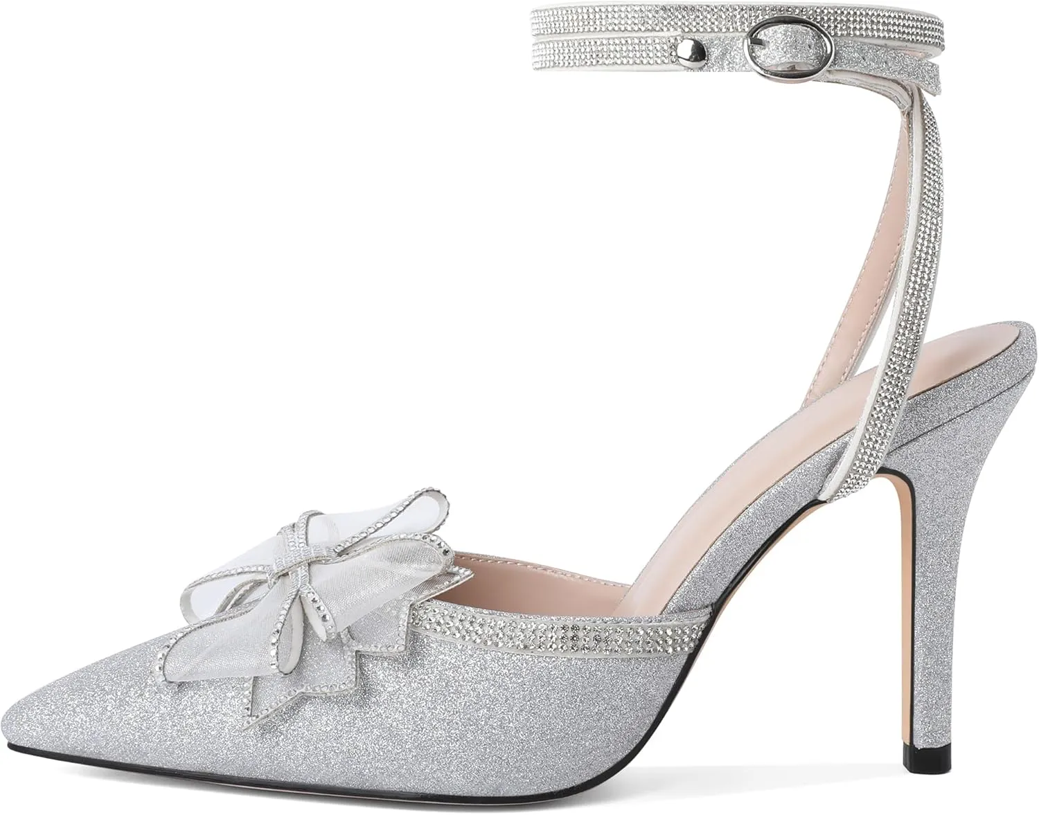 Joseywade Rhinestone Bow Heels High Stiletto Heels Pumps Closed Pointed Toe Women Lace-up Strappy Ankle Strap Shoes for Bridal Brides