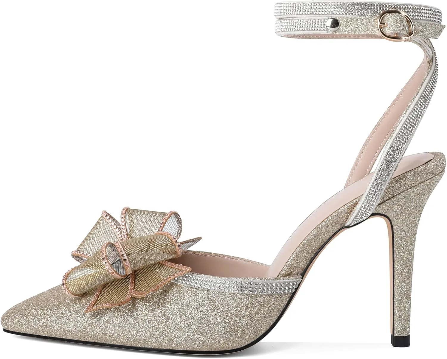 Joseywade Rhinestone Bow Heels High Stiletto Heels Pumps Closed Pointed Toe Women Lace-up Strappy Ankle Strap Shoes for Bridal Brides