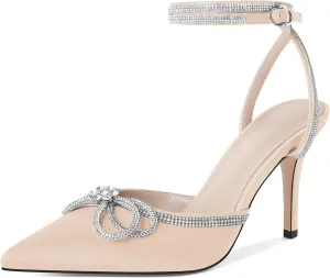 Joseywade Rhinestone Bow Heels High Stiletto Heels Pumps Closed Pointed Toe Women Lace-up Strappy Ankle Strap Shoes for Bridal Brides