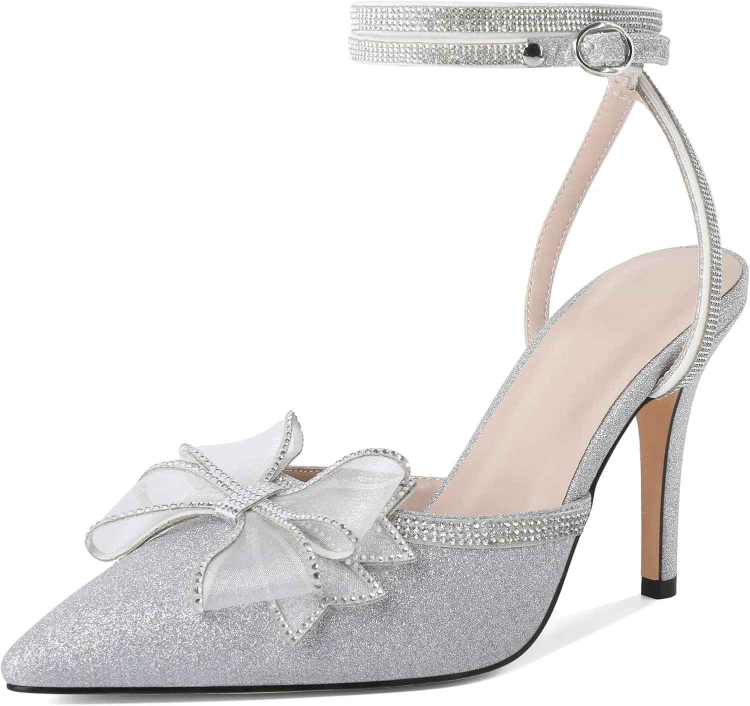 Joseywade Rhinestone Bow Heels High Stiletto Heels Pumps Closed Pointed Toe Women Lace-up Strappy Ankle Strap Shoes for Bridal Brides
