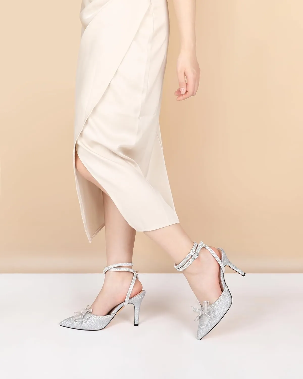 Joseywade Rhinestone Bow Heels High Stiletto Heels Pumps Closed Pointed Toe Women Lace-up Strappy Ankle Strap Shoes for Bridal Brides