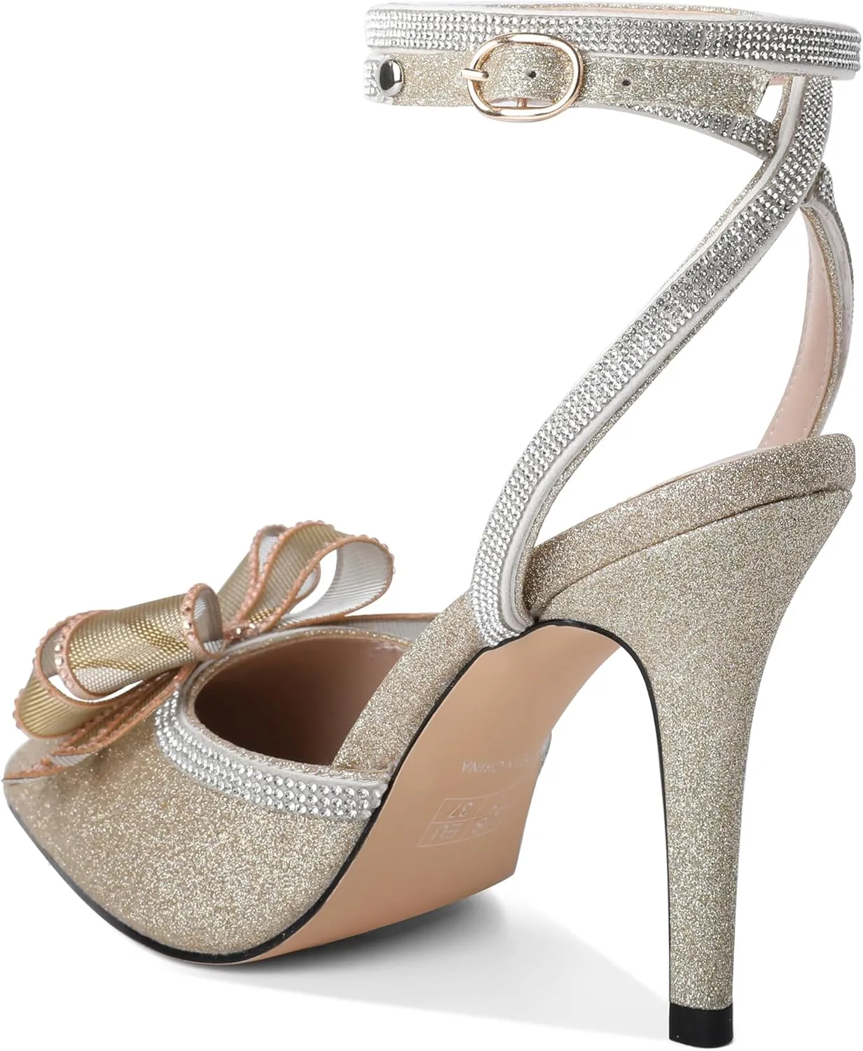 Joseywade Rhinestone Bow Heels High Stiletto Heels Pumps Closed Pointed Toe Women Lace-up Strappy Ankle Strap Shoes for Bridal Brides