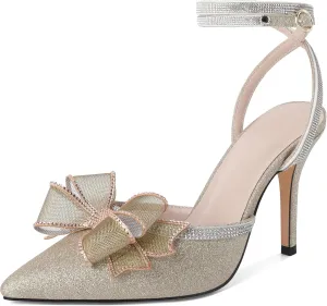 Joseywade Rhinestone Bow Heels High Stiletto Heels Pumps Closed Pointed Toe Women Lace-up Strappy Ankle Strap Shoes for Bridal Brides